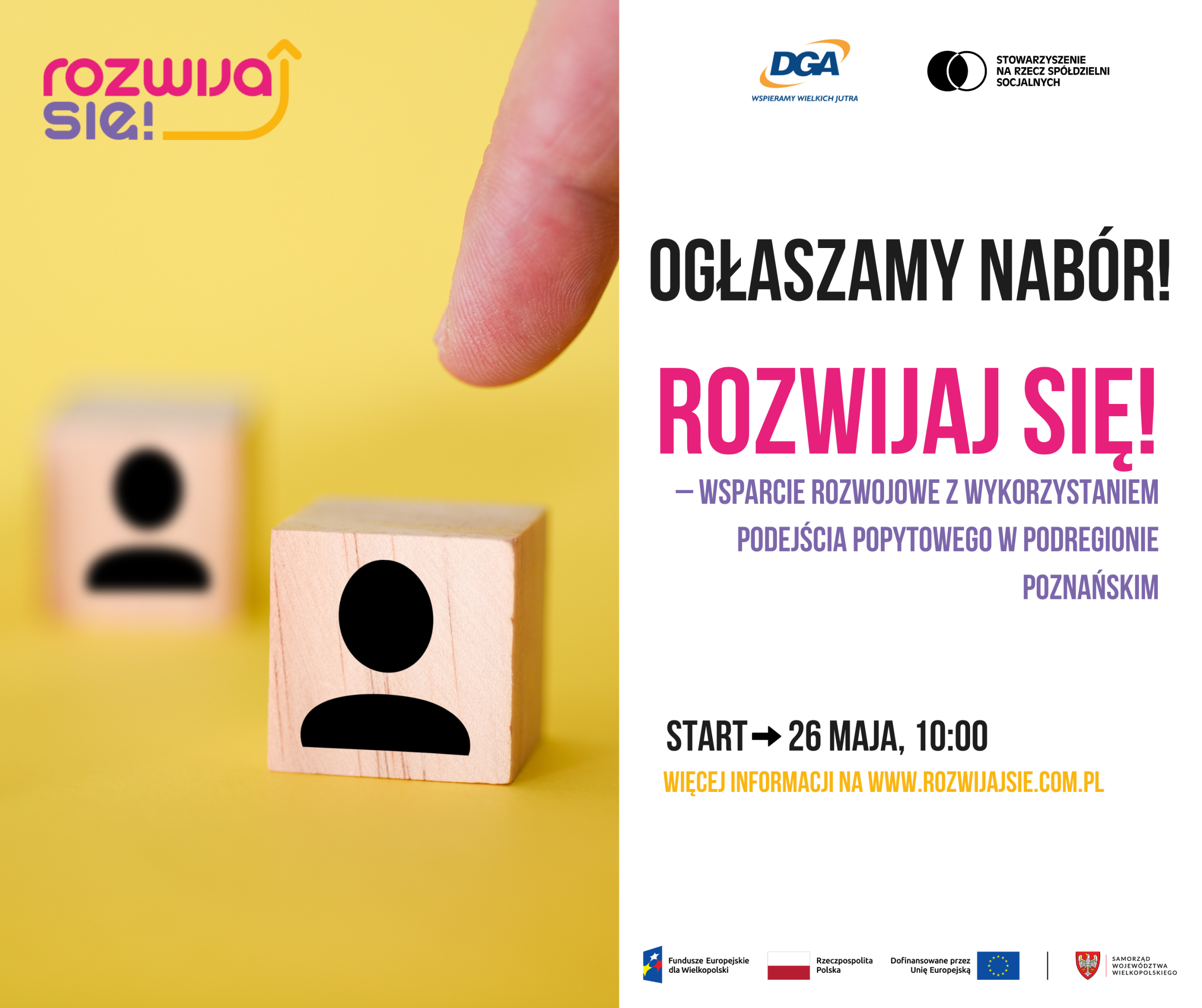 Grafika dekoracyjna z informacją o naborze do projektu „Rozwijaj się!” wspierającego rozwój w podregionie poznańskim, start 26 maja, szczegóły na stronie rozwijajsie.com.pl